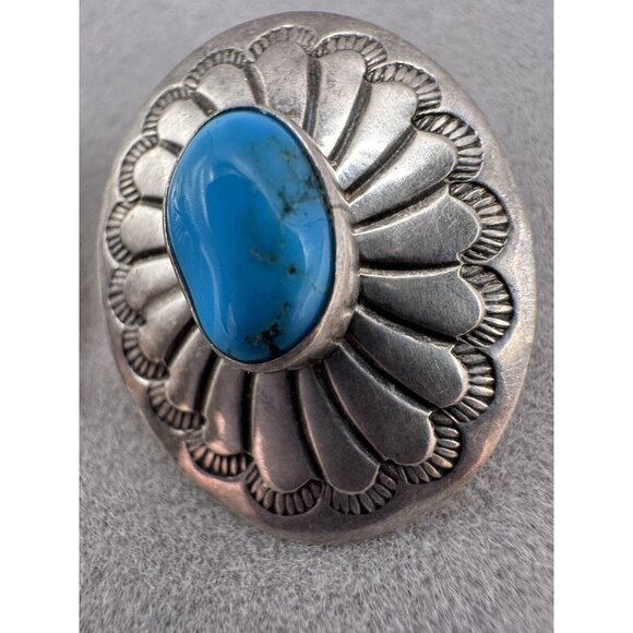 Vintage Navajo Sterling Silver Turquoise Hand-Stamped Concho Oval Post Earrings - Picture 3 of 7